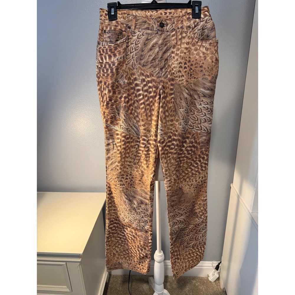 Newport News Jeanology Feather Animal Print Straight Leg Pants Brown Tan Size 8